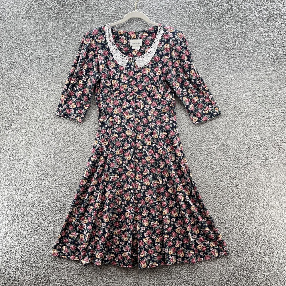 VTG 90s Paquette Too Dress 12 Navy Pink Floral Lace Collar Cottage Made USA 90s